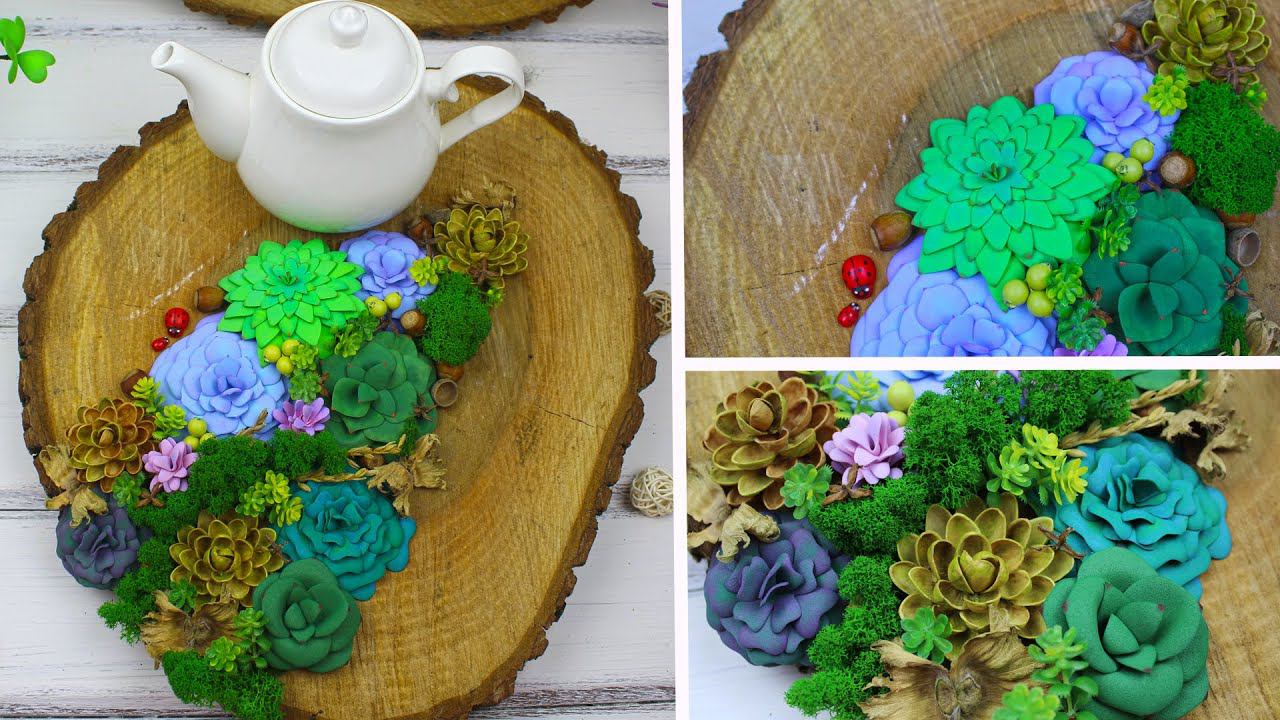 DIY Как сделать суккуленты (5 вариантов) + композиция с суккулентами на спиле дерева / Eva-Konfetti