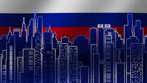 Анимация панорамы Москвы на фоне флага России. Контуры зданий и достопримечательностей. Фон в 4K.