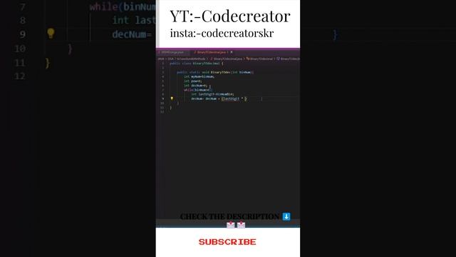 Binary  to Decimal Conversion in java? #java #codecreatorskr