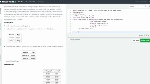 Hackerrank SQL Solution #8 Intermediate SQL - Challenges