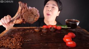 ASMR MUKBANG | BEEF RIB STEAK ? BLACK BEAN NOODLE MUSHROOM EATING 짜파게티 토마호크 스테이크 버섯 소스 듬뿍! 먹방