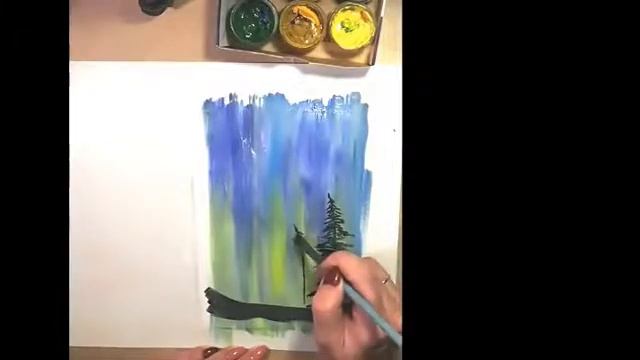 Как нарисовать елочку. Рисуем северное сияние.Рисуем елочки.
