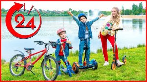 Kids ride on hoverboard, bike and scooter. Which is faster?