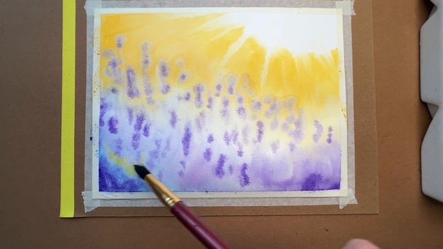 Beautiful lavender field, tutorial for beginners. Using alternative tool for the flowers. Акварель.