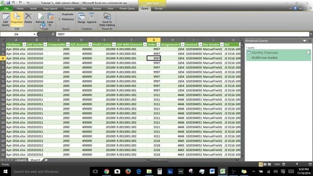 Introduction to Excel Power Query 1 (h), Power Query tab in Excel ribbon