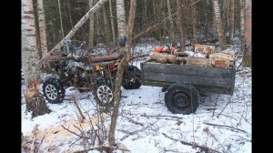 Поездка на самодельном квадроцикле за дровами, застрял и порвал верёвку на лебёдке.