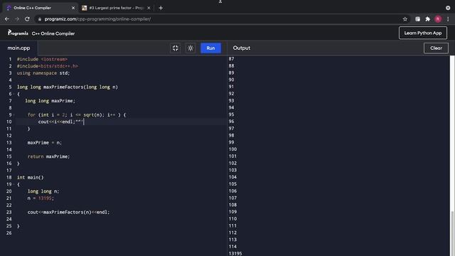 Problem solving with c++ | Euler's project problem 3 | Online compiler