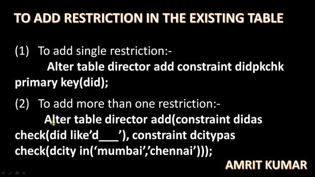 #21 ALTER COMMAND - TO ADD RESTRICTION IN THE EXISTING COLUMN BY MR. AMRIT KUMAR