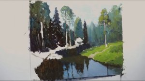 Живопись маслом: пейзаж с рекой и лесом | Oil painting: landscape with river and forest