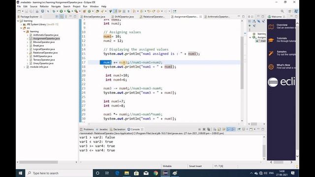 Java Operator  - Relational Operator and Assignment Operator