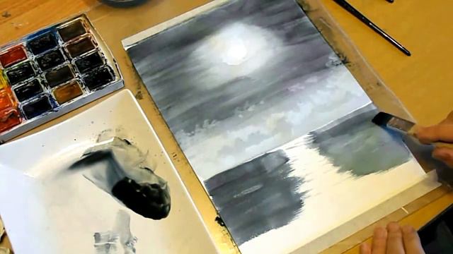 Пейзаж акварелью "Ночной морской ". Watercolor painting "Night sea"