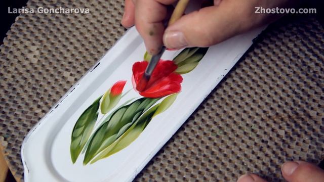 Роспись подноса на белом фоне. Тюльпаны. Миниатюра. Мастер-класс от Художника Ларисы Гончаровой
