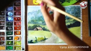 Пейзаж акварелью и цветными карандашами. "Деревенский пейзаж"