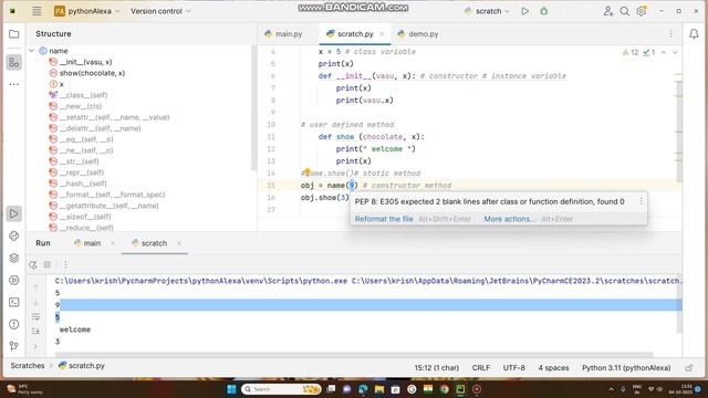 Part 3:: CONSTRUCTOR, OR DOUBLE UNDERSCORE METHOD OR DUNDER SCORE METHOD, FORMATTED STRING IN PYTHO