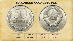 50 копеек СССР 1961 – 1991 года, цена. Монеты регулярного чекана, без разбора по разновидностям.