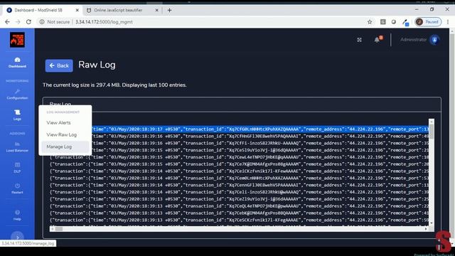 Alerts And Log Management in Modshield SB