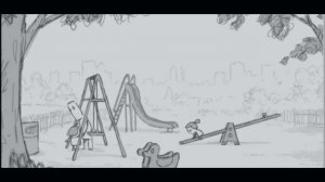 На рисованный мультик.Папа гуляет с детьми.