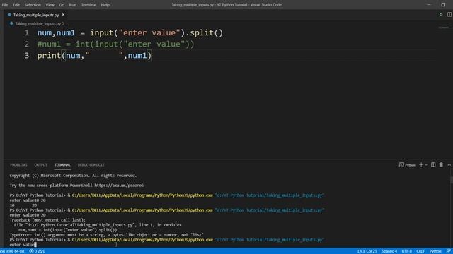 #71:- How to Take Multiple Inputs From User in One Line in Python in Hindi (Method 1)