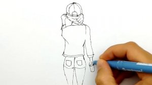 How to draw a Girl In a Cap.  Girl drawing with a black pen and art markers