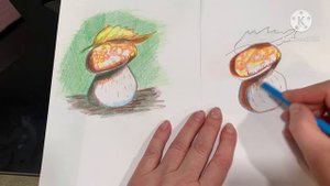 Рисуем осенний грибок цветными карандашами