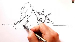 How to draw a Battleship vs Fighter jet | War scene drawing