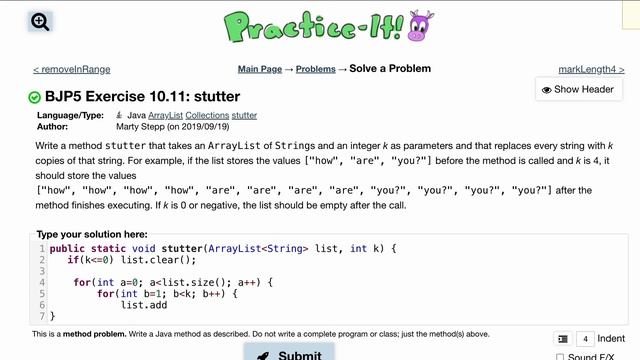 Java Practice It | Exercise 10.11: stutter | ArrayList, collections, array list смотреть онлайн