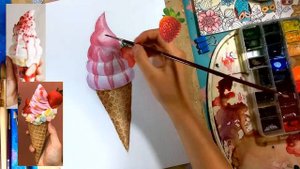 Как поэтапно нарисовать акварелью реалистичное мороженое, рисуем еду красками