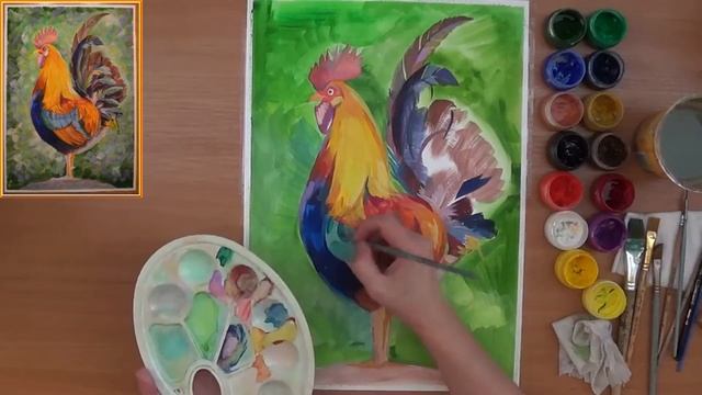 Как нарисовать петуха. Гуашь