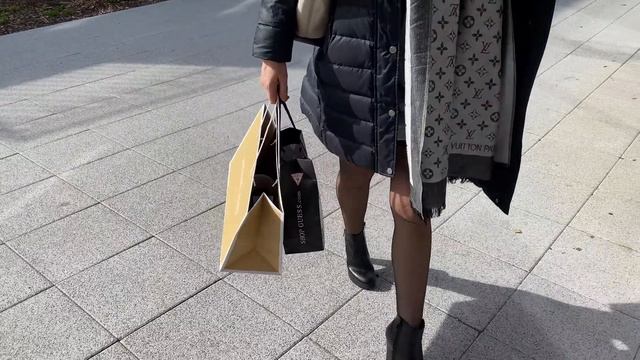 Shopping In Black Nylon Stockings, Suspender Belt, Mini Dress And High Heels, Walking In Public, 4K