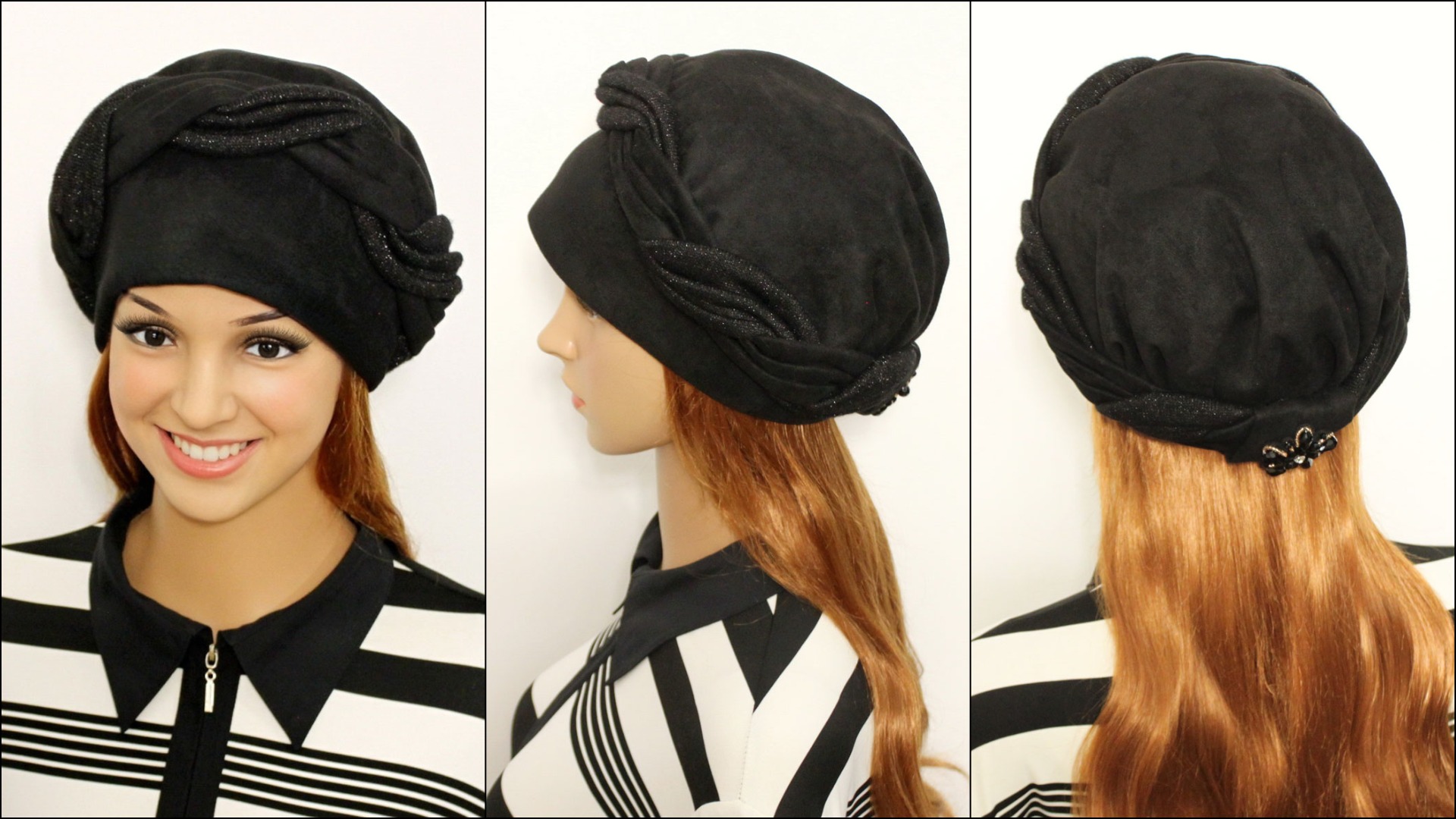 Демисезонная женская шапка "Оксана" из экозамши чёрного цвета