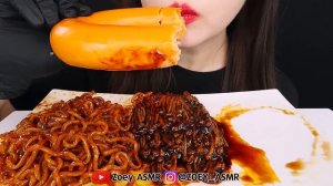 ASMR TRUFFLE BLACK BEAN NOODLES SPICY ENOKI MUSHROOMS 트러플짜장불닭볶음면 팽이버섯 먹방 MUKBANG 咀嚼音えのき | ZOEY ASMR