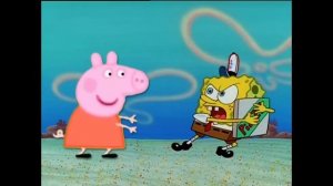 Peppa Pig trying to get a pizza from Spongebob