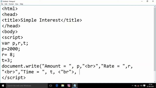 javascript program for simple interest in Hindi with simple calculation code with output in js