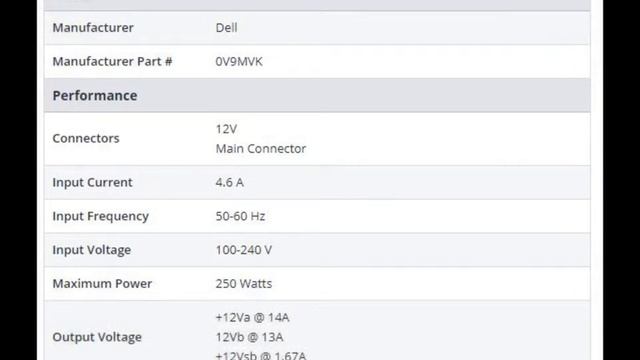 0V9MVK Dell 255-Watts Power Supply for OptiPlex 360 760 смотреть онлайн