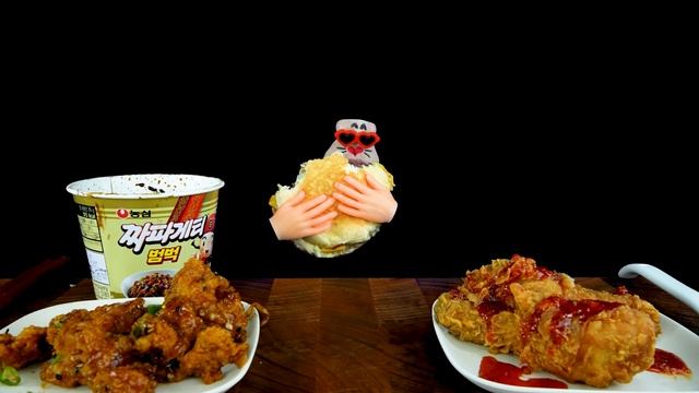 ASMR MUKBANG :) Garlic Chicken & Cheese Burger & Black Bean Noodle Eating Show