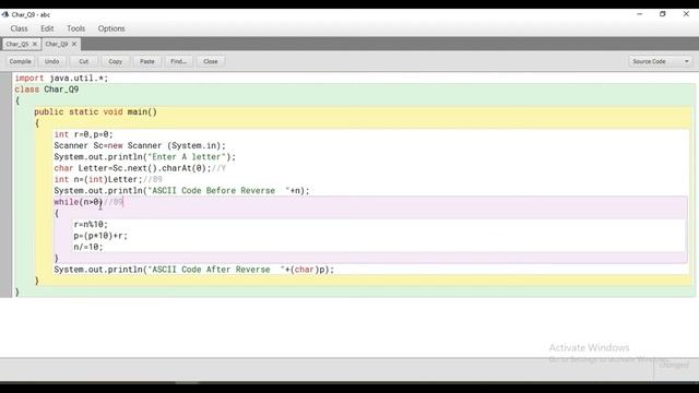 #9 Library Classes:Input a char Find its ASCII code Reverse ASCII & Display the Equivalent Characte