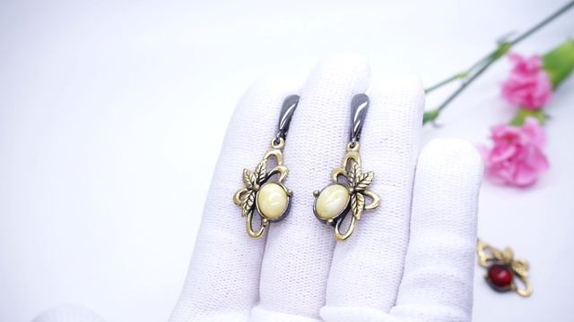 Серьги "Янина" бронза янтарь чернение посеребрение цветы сережки с подвесками 3850 Хорошие Вещи