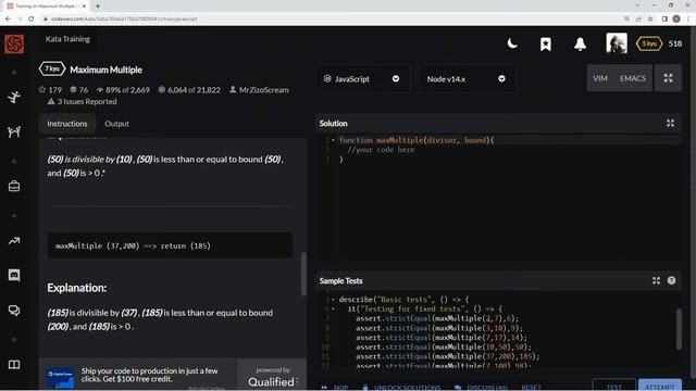 Codewars 7 kyu Maximum Multiple JavaScript