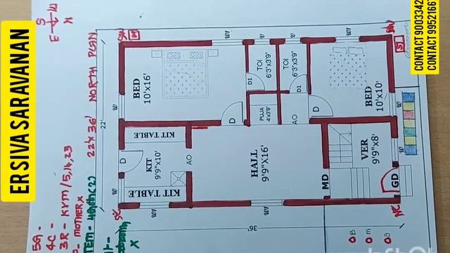 NORTH FACING HOUSE VASTHU PLAN,22'x36',வடக்கு பார்த்த வீடு வாஸ்து பிளான் #வடக்குவீடு #northplan смотреть онлайн