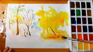 Осенний лес акварелью.