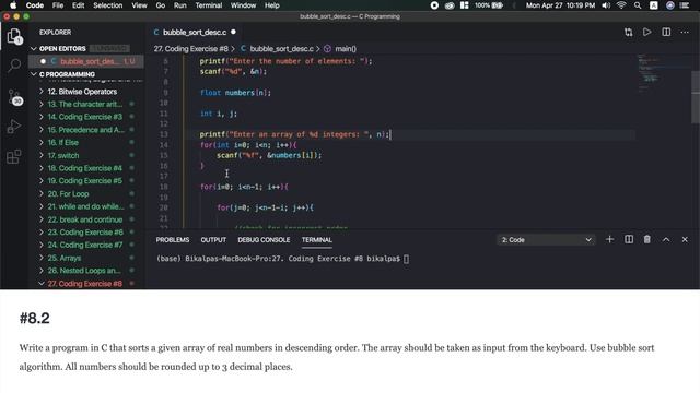 Coding Exercise 8 (Nested Loops/Array Sorting) | C Programming Tutorials in Nepali #27