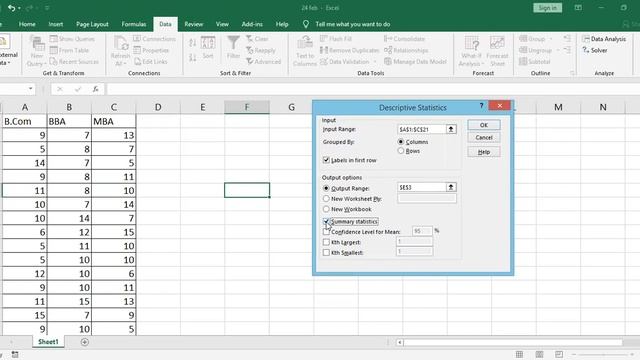 Descriptive Statistics in Excel 2016