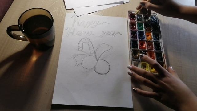 Как нарисовать новогодний рисунок/акварель/новогодний скетч акварелью/скетч