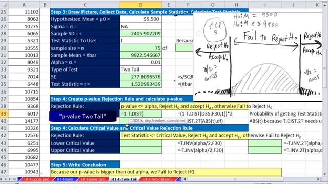 Excel Statistical Analysis 48: Hypothesis Testing with T Distribution, Two Tail Example