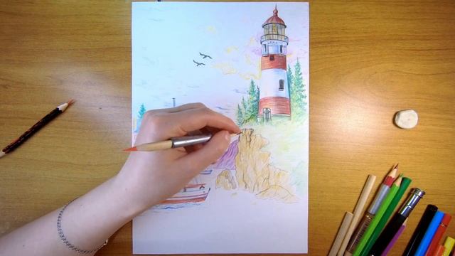Рисуем пейзаж цветными карандашами | таймлапс