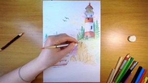 Рисуем пейзаж цветными карандашами | таймлапс