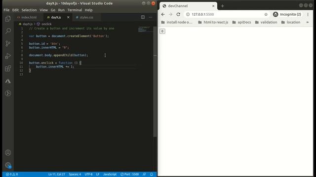 Day 9 - JavaScript Tutorial | How to create a button | Event listener in JS | How to add a css
