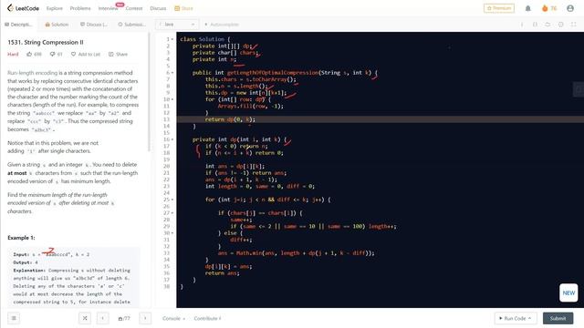 String Compression II | LeetCode 1531 | Java 100% 19ms Solution | @LearnOverflow