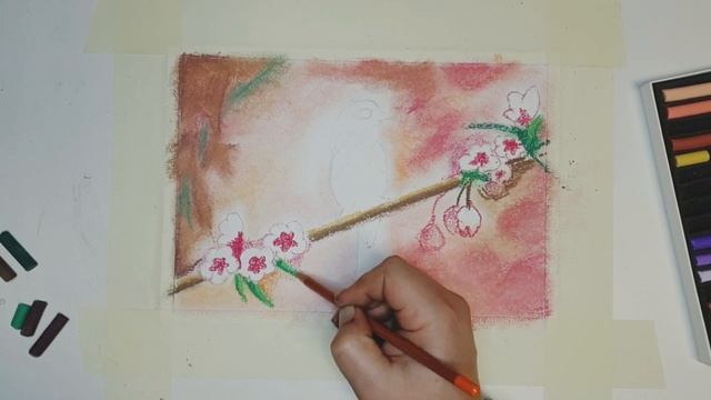 Птица на ветке сакуры. Рисунок пастелью