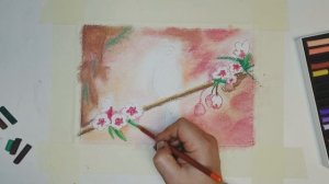 Птица на ветке сакуры. Рисунок пастелью